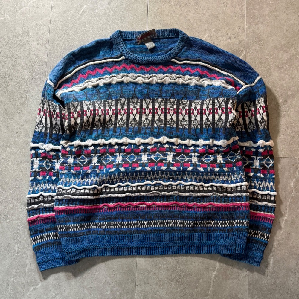Vintage Mache 3D Knit Textured Sweater Large Blue Multicolor Y2K